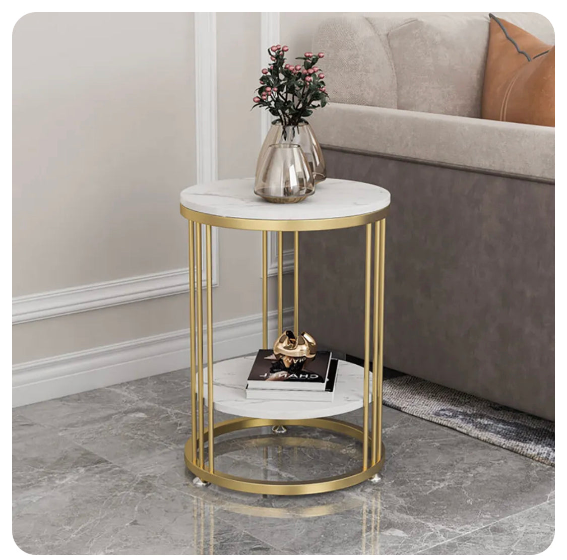 Interior Ave Cleo Gold Two Shelf Stone Side Table - Modern & Stylish