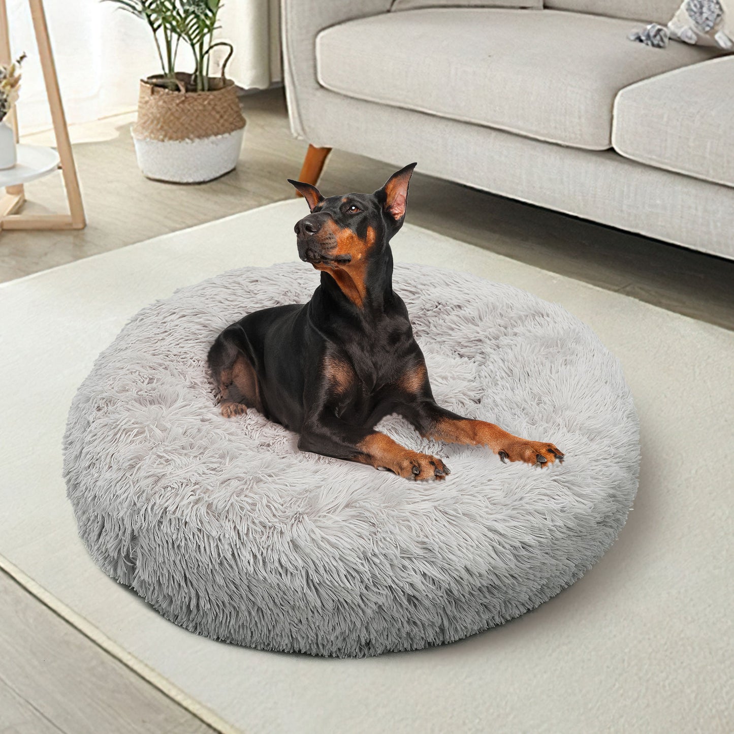Pet Bed Large 90cm Light Grey Plush Round Dog/Cat Nest Non-Toxic Comfortable