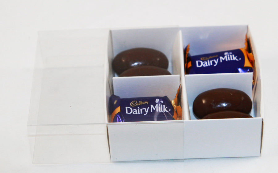 White Card Gift Box 100 Pack - 4 Bay Compartments - 8x8x3cm with Clear Lid - SuperSaverAU - view 1