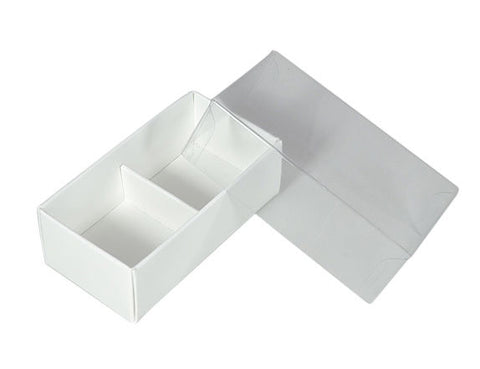 50 Pack of White Card Chocolate Sweet Soap Product Retail Gift Box - 2 Bay Compartments - Clear Slide On Lid - 8x4x3cm - SuperSaverAU - view 1
