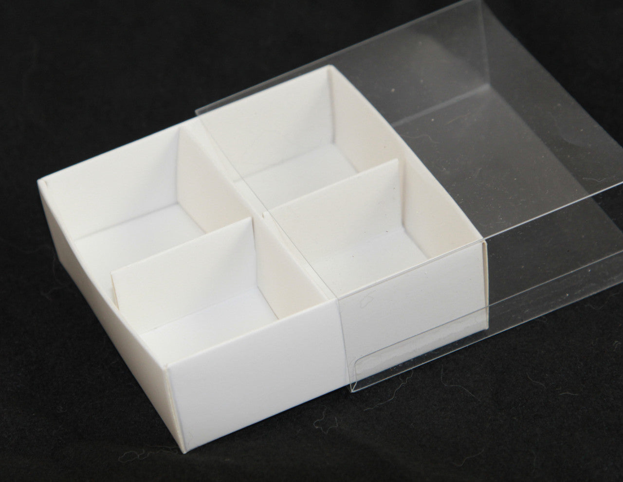 50 Pack of White Card Chocolate Sweet Soap Product Retail Gift Box - 4 Bay Compartments - Clear Slide On Lid - 8x8x3cm - SuperSaverAU - view 2