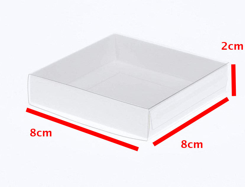 50 Pack of 8cm Square Wedding Invitation Coaster Favor Function product Presentation Cookie Biscuit Patisserie Gift Box - 2cm deep - White Card with Clear Slide On PVC Lid - SuperSaverAU - view 1