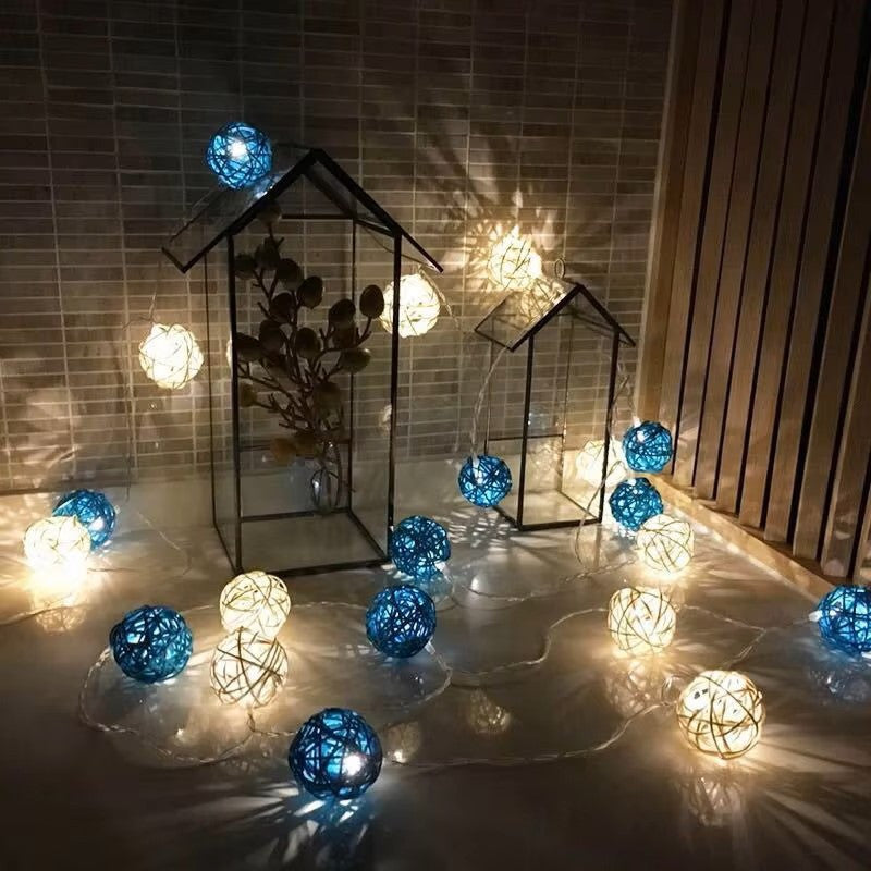 1 Set of Blue n White 5cm Rattan Cane 50 Ball Battery Powered LONG 5m String Lights Christmas Gift Home Wedding Party Bedroom Decoration Table Centrepiece - SuperSaverAU - view 3