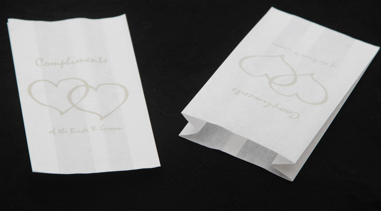 100 Pack Wedding Cake Bags Greaseproof Wax Paper Slice Take Home Favour Silver Heart n Message