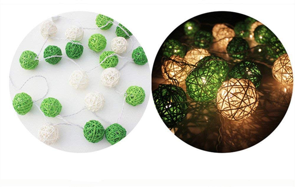 1 Set of Green n White 5cm Rattan Cane 20 Ball Battery Powered 3m String Lights Christmas Gift Home Wedding Party Bedroom Decoration Table Centrepiece - SuperSaverAU - view 3