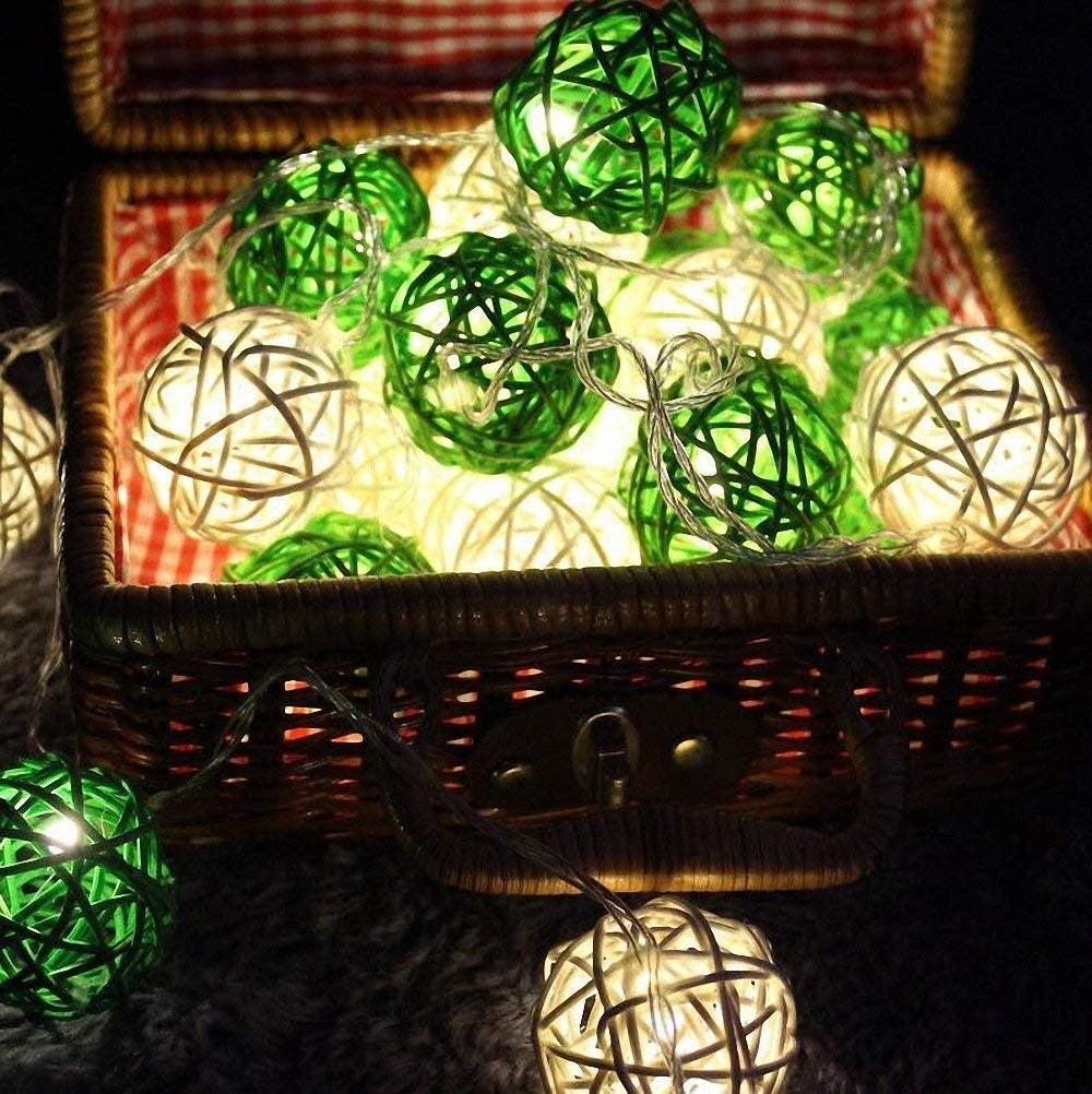 1 Set of Green n White 5cm Rattan Cane 20 Ball Battery Powered 3m String Lights Christmas Gift Home Wedding Party Bedroom Decoration Table Centrepiece - SuperSaverAU - view 4
