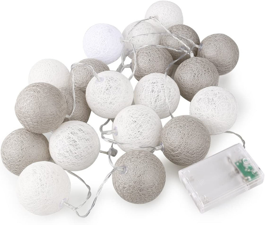 1 Set of 20 LED Grey White 5cm Cotton Ball Battery Powered String Lights Gift Home Wedding Party Bedroom Decoration Outdoor Indoor Table Centrepiece - SuperSaverAU - view 1