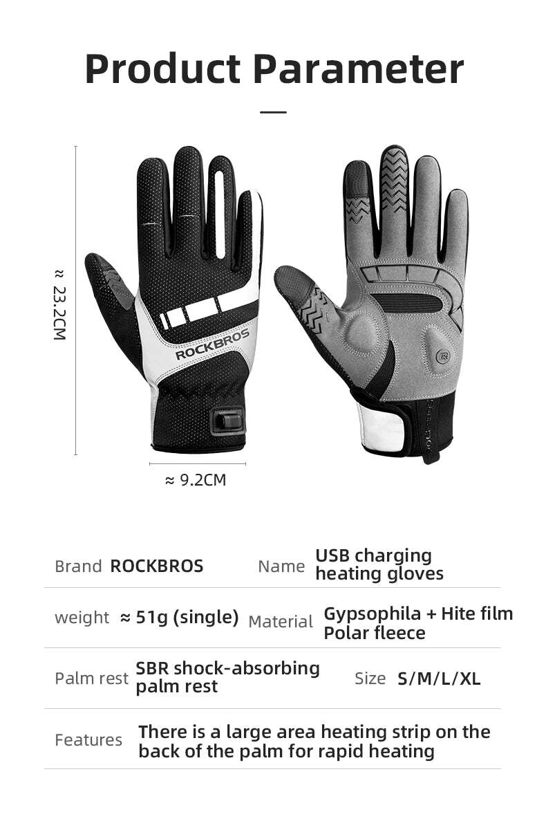 ROCKBROS Heated MTB Cycling Gloves with USB Heating - XL