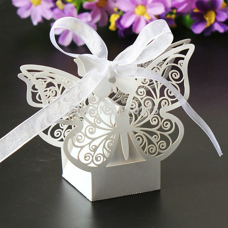 10 Pack Ivory Cream Butterfly Wedding Favour Boxes