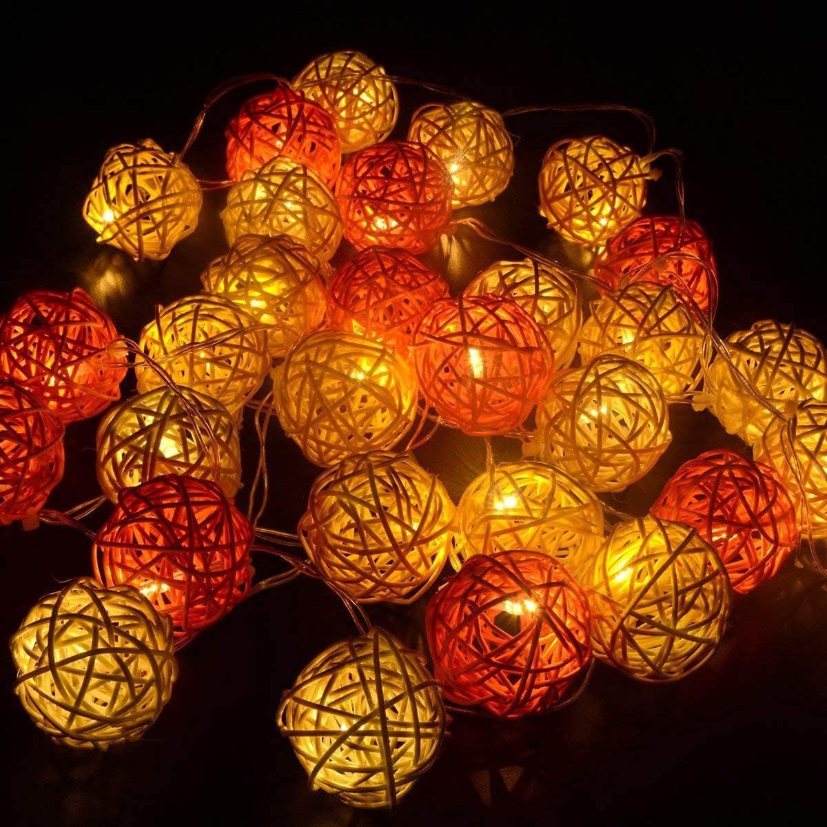 1 Set of Orange n White 5cm Rattan Cane 20 Ball Battery Powered 3m String Lights Christmas Gift Home Wedding Party Bedroom Decoration Table Centrepiece - SuperSaverAU - view 4