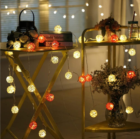 1 Set of Orange n White 5cm Rattan Cane 50 Ball Battery Powered LONG 5m String Lights Christmas Gift Home Wedding Party Bedroom Decoration Table Centrepiece - SuperSaverAU - view 1