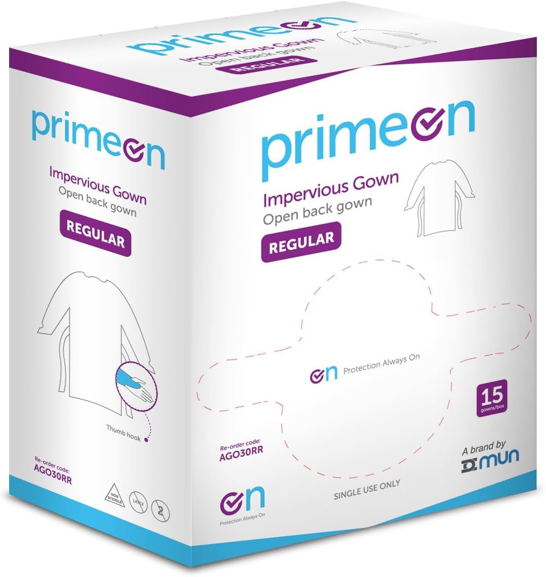PrimeOn 15 Pack Impervious PPE Gown - Blue, Liquid Resistant, Comfortable Fit