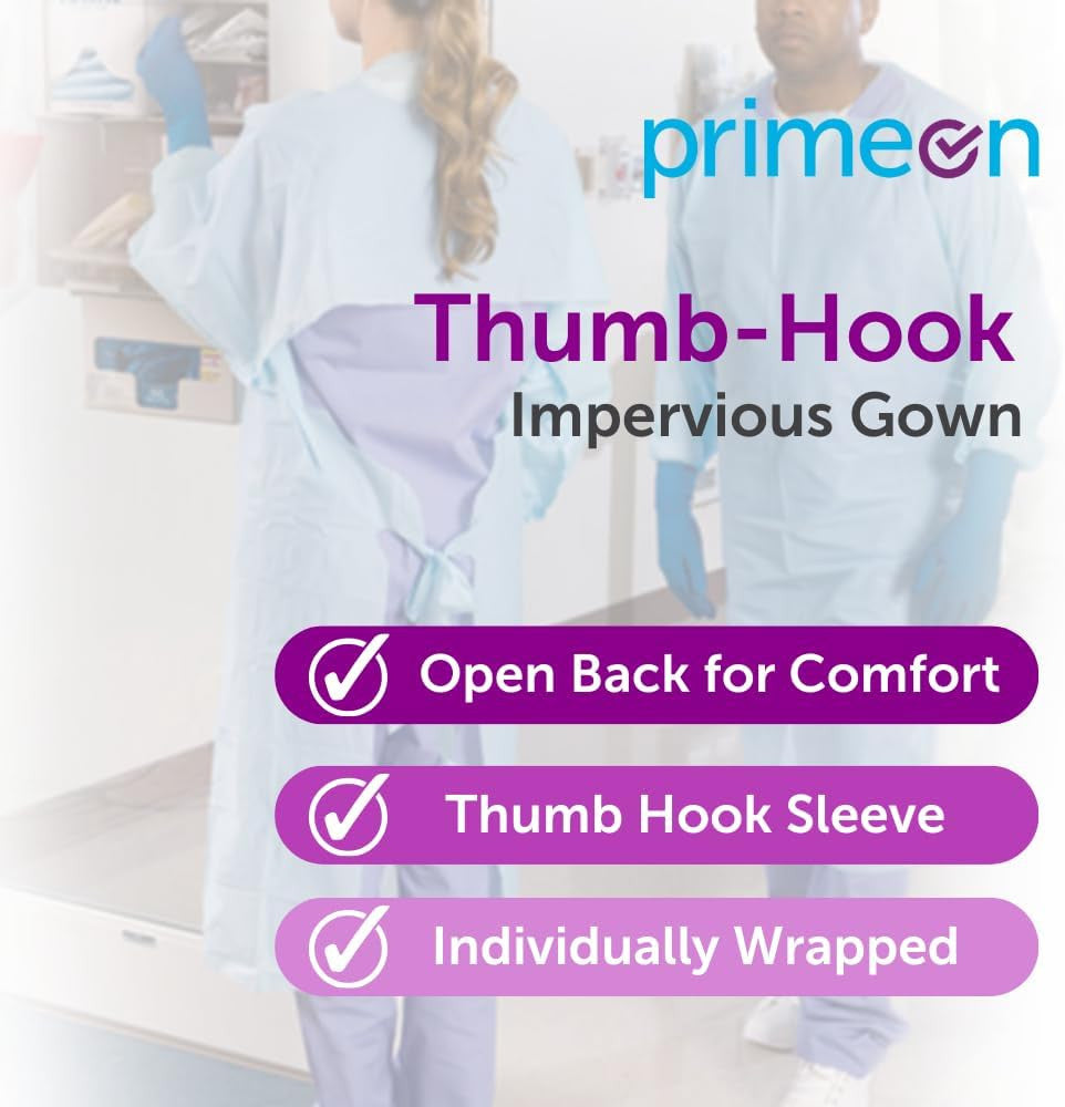 PrimeOn 15 Pack Impervious PPE Gown - Blue, Liquid Resistant, Comfortable Fit