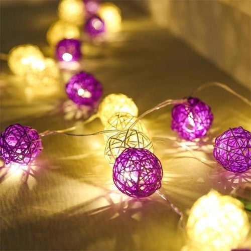 1 Set of Purple n White 5cm Rattan Cane 20 Ball Battery Powered 3m String Lights Christmas Gift Home Wedding Party Bedroom Decoration Table Centrepiece - SuperSaverAU - view 1