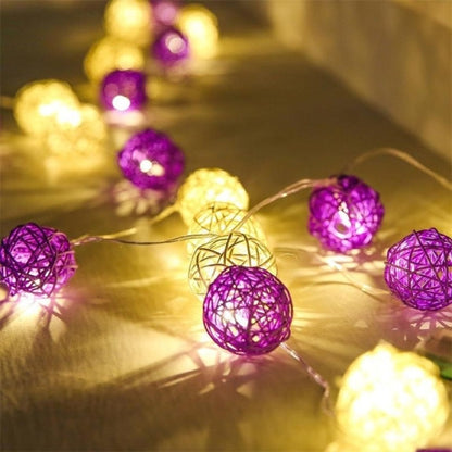 1 Set of Purple n White 5cm Rattan Cane 20 Ball Battery Powered 3m String Lights Christmas Gift Home Wedding Party Bedroom Decoration Table Centrepiece