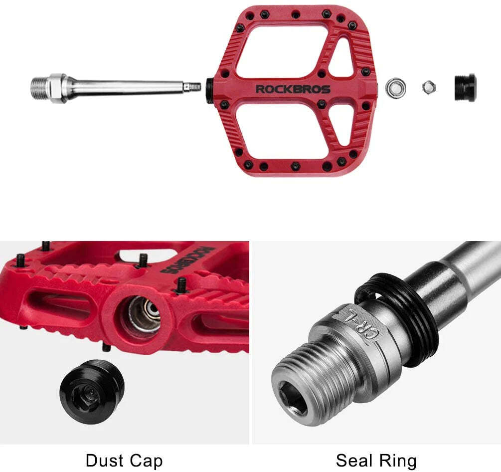 Rockbros Extra Large Nylon MTB Flat Pedals - 208g Red with Anti-Skid Design