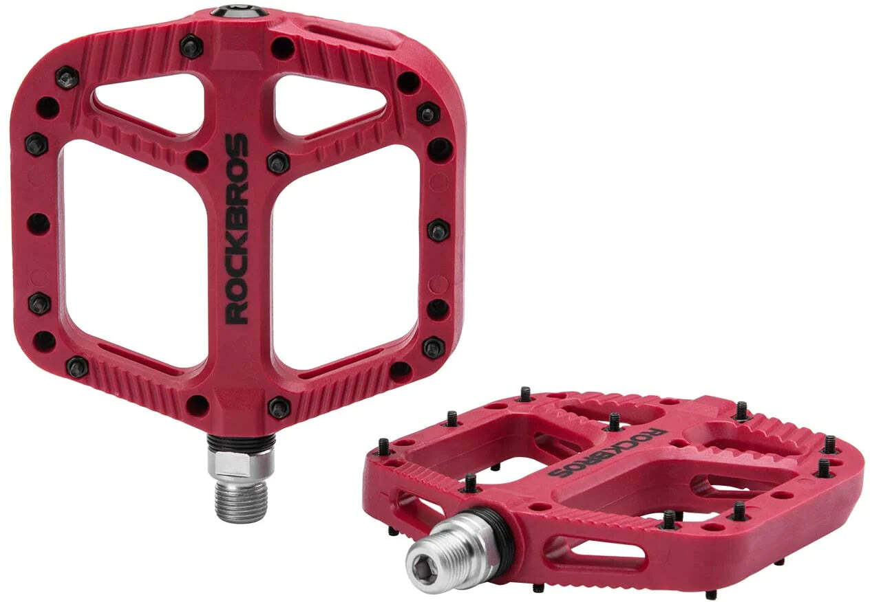 Rockbros Extra Large Nylon MTB Flat Pedals - 208g Red with Anti-Skid Design