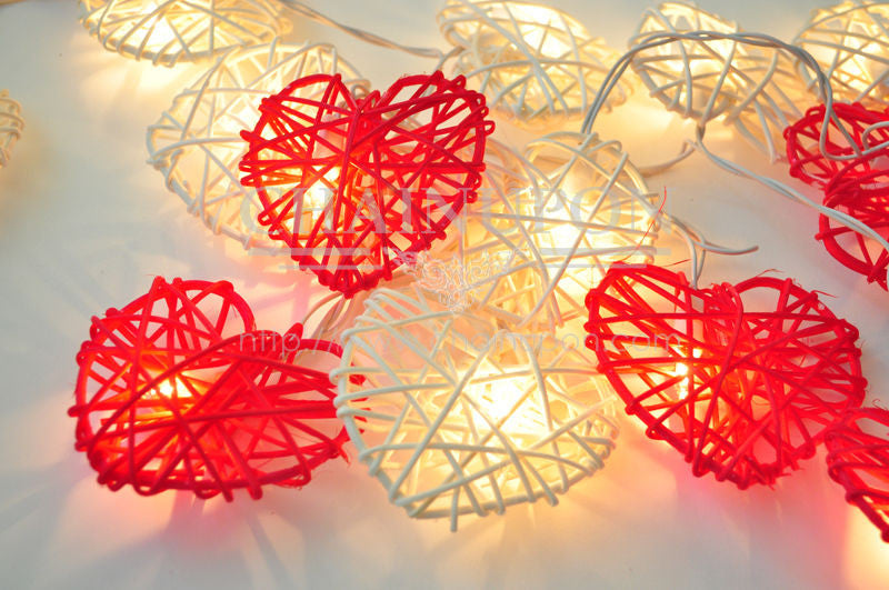 Premium Red and White 3D Hollowed Rattan Heart Fairy Lights - 20 LEDs, 3m