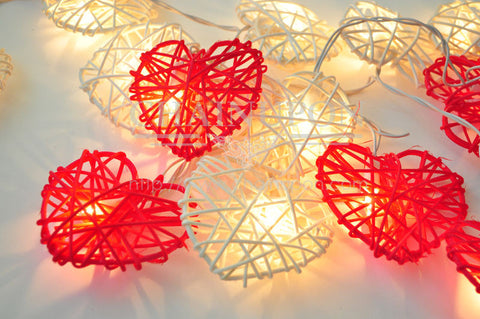 Premium Red and White 3D Hollowed Rattan Heart Fairy Lights - 20 LEDs, 3m