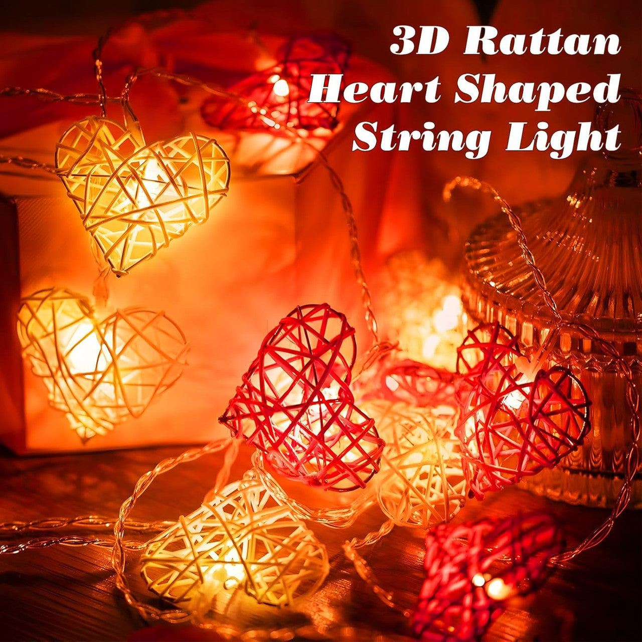 Premium Red and White 3D Hollowed Rattan Heart Fairy Lights - 50 LEDs, 5m