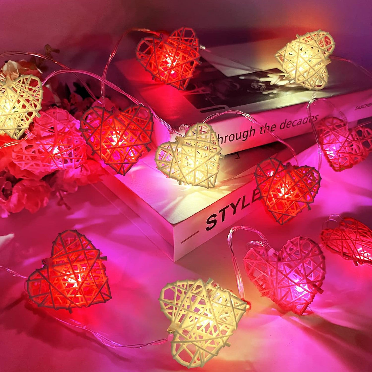 Premium Red and White 3D Hollowed Rattan Heart Fairy Lights - 50 LEDs, 5m