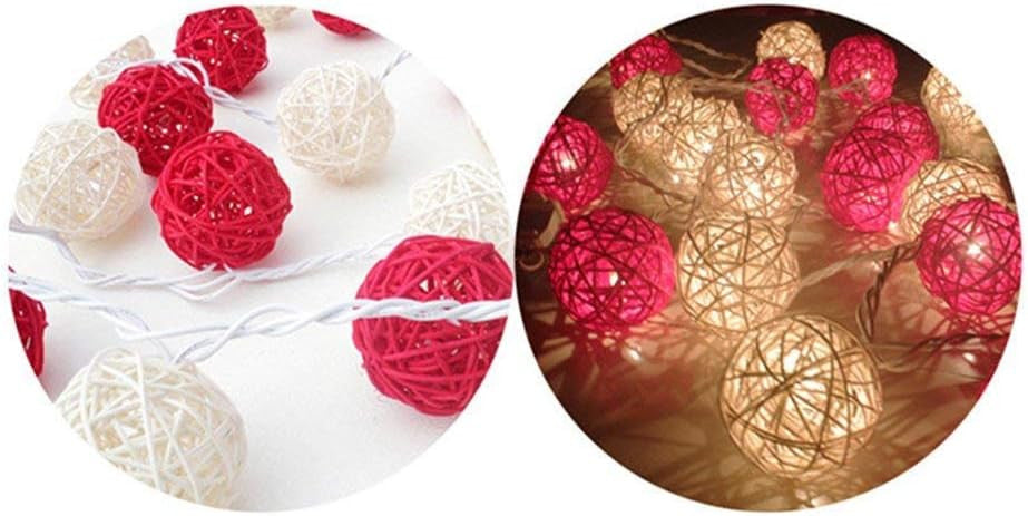 1 Set of Red and White5cm Rattan Cane 20 Ball Battery Powered 3m String Lights Christmas Gift Home Wedding Party Bedroom Decoration Table Centrepiece