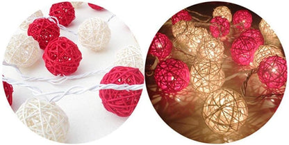 1 Set of Red and White5cm Rattan Cane 20 Ball Battery Powered 3m String Lights Christmas Gift Home Wedding Party Bedroom Decoration Table Centrepiece