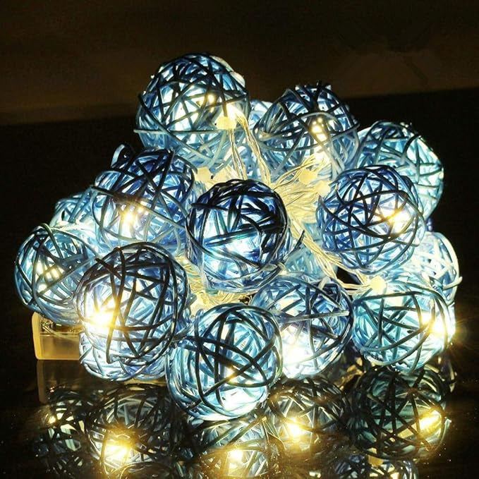 1 Set of Turquoise Blue 5cm Rattan Cane 50 Ball Battery Powered LONG 5m String Lights Christmas Gift Home Wedding Party Bedroom Decoration Table Centrepiece - SuperSaverAU - view 2
