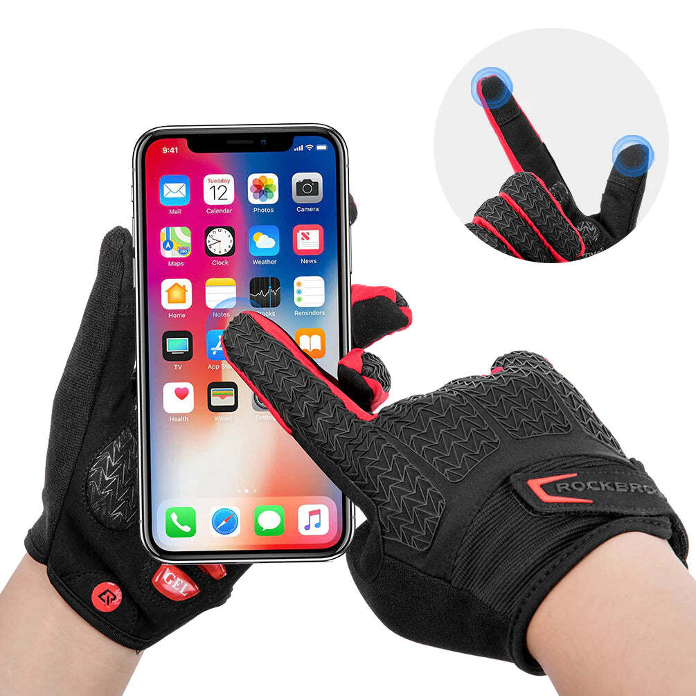 ROCKBROS Full Finger Cycling Gloves with Touchscreen Fingers - Red, Large