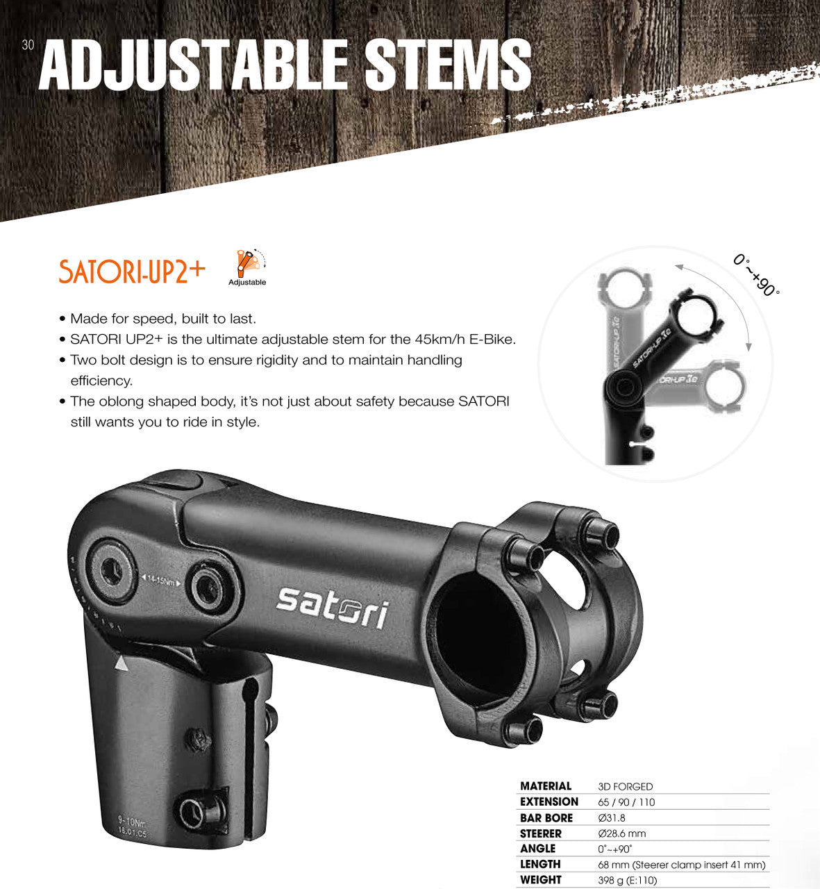 Satori UP2 Plus Adjustable eBike Stem with Cable Hide - Black