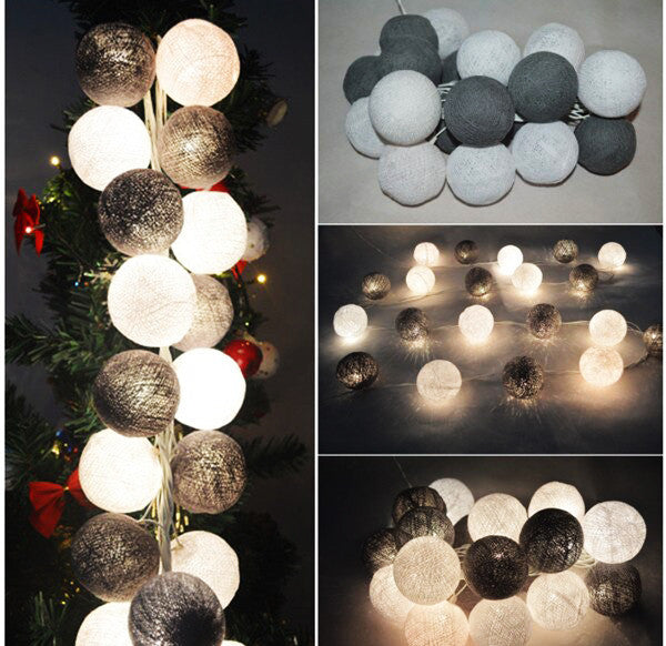 1 Set of 20 LED Black White 5cm Cotton Ball Battery Powered String Lights Xmas Gift Home Wedding Party Bedroom Decoration Outdoor Indoor Table Centrepiece - SuperSaverAU - view 2