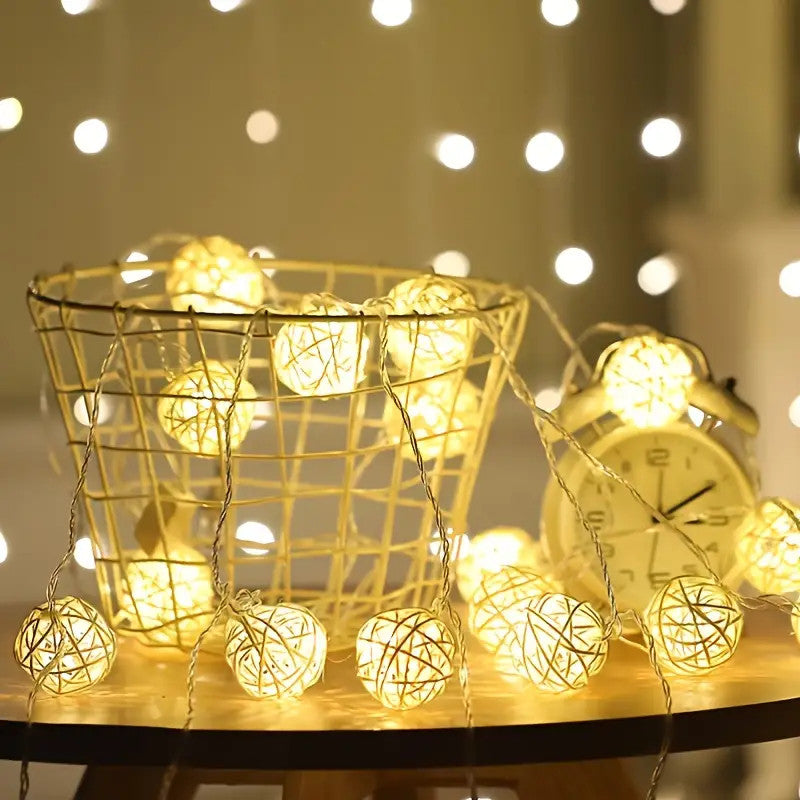 1 Set of Yellow 5cm Rattan Cane 20 Ball Battery Power 3m String Lights Christmas Gift Home Wedding Party Bedroom Decoration Table Centrepiece - SuperSaverAU - view 1