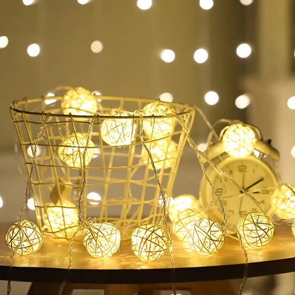 1 Set of Yellow 5cm Rattan Cane 20 Ball Battery Power 3m String Lights Christmas Gift Home Wedding Party Bedroom Decoration Table Centrepiece