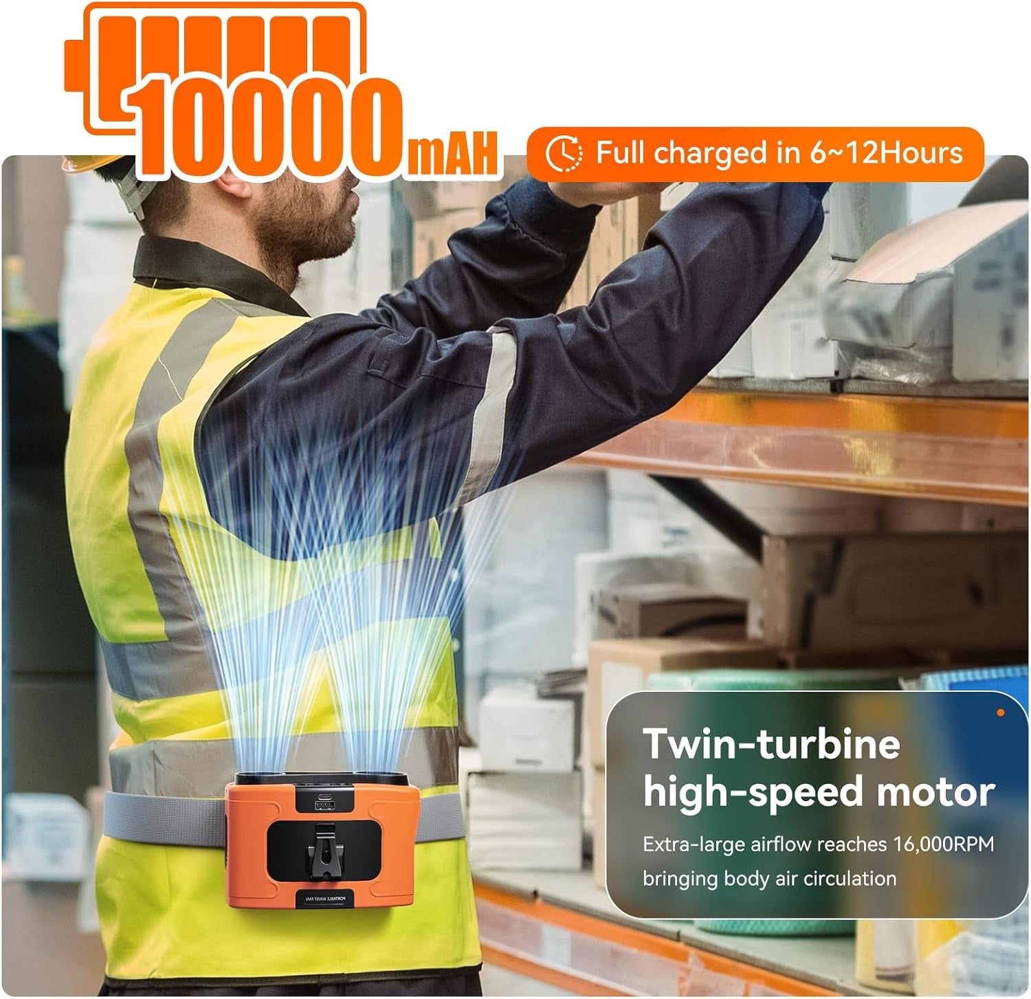 20000mAh Outdoor Portable Waist Fan - Strong Wind, Power Bank, LED Lighting, Orange - SuperSaverAU - view 1