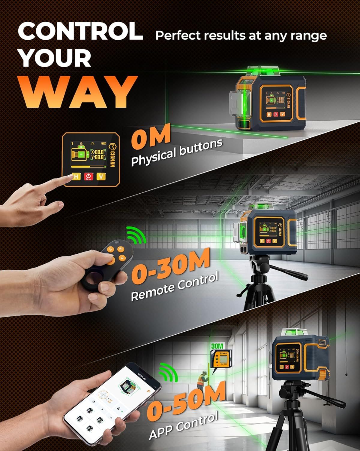 CIGMAN CM-S03 3x360° Green Laser Level with LCD & Bluetooth