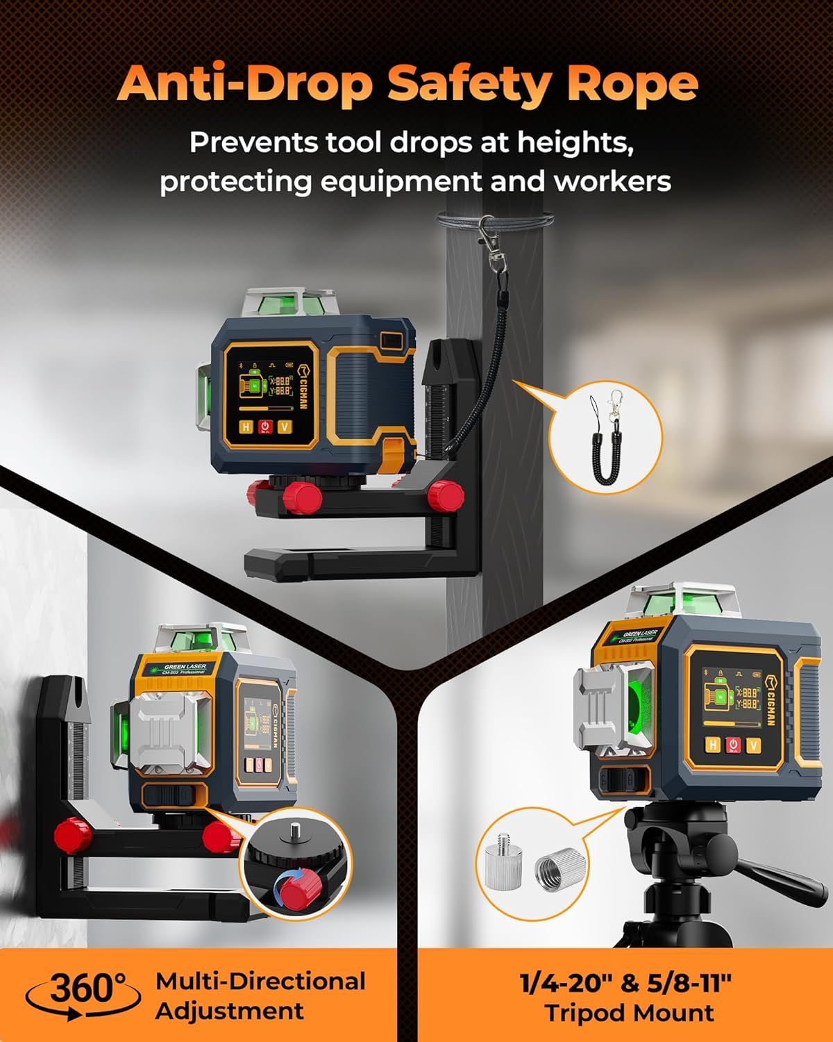 CIGMAN CM-S03 3x360° Green Laser Level with LCD & Bluetooth