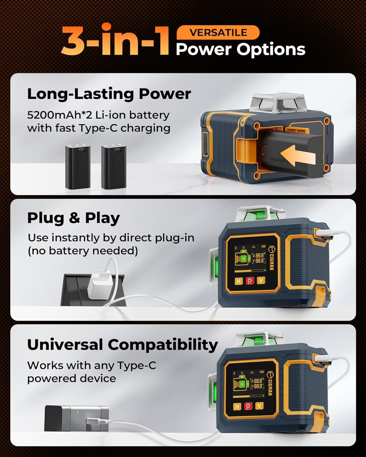 CIGMAN CM-S03 3x360° Green Laser Level with LCD & Bluetooth