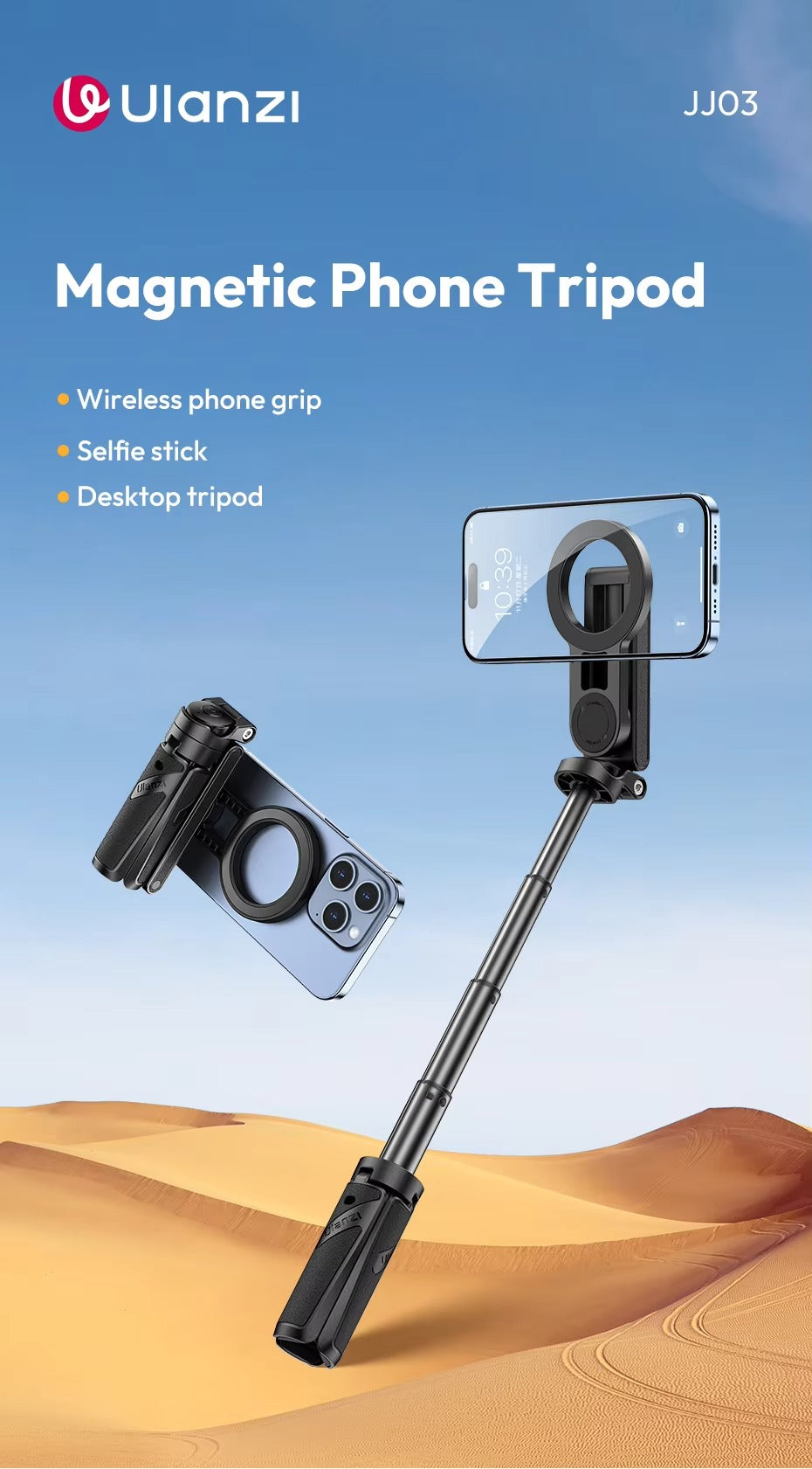 Ulanzi JJ03 Magnetic Phone Tripod Wireless Phone Grip Selfie Stick Desktop Tripod with Remote Control Photography Livestreaming - SuperSaverAU - view 8