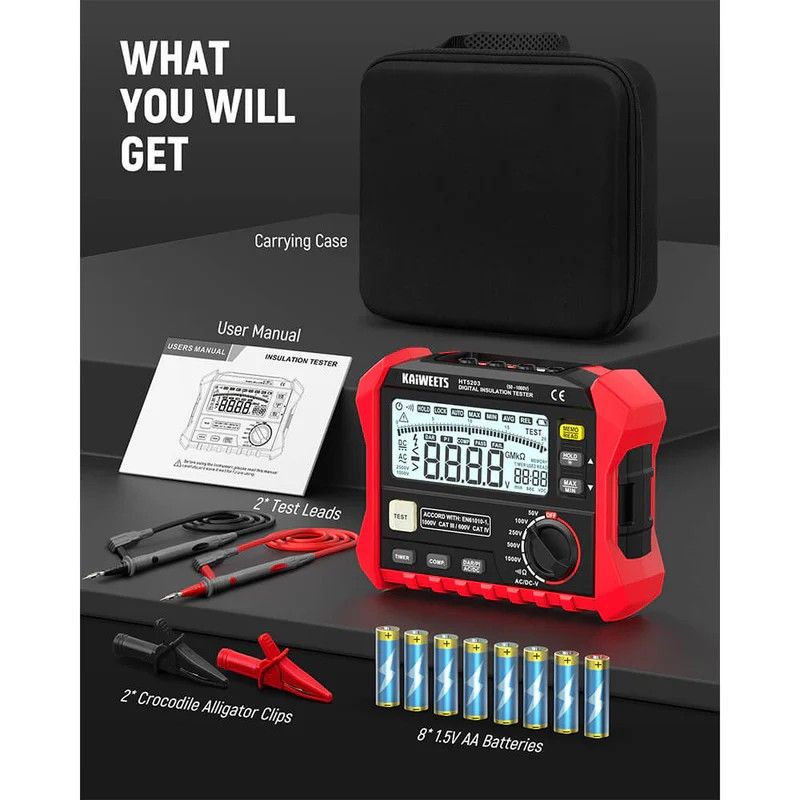 KAIWEETS Megohmmeter Insulation Resistance Tester with DAR/PI - 100GΩ