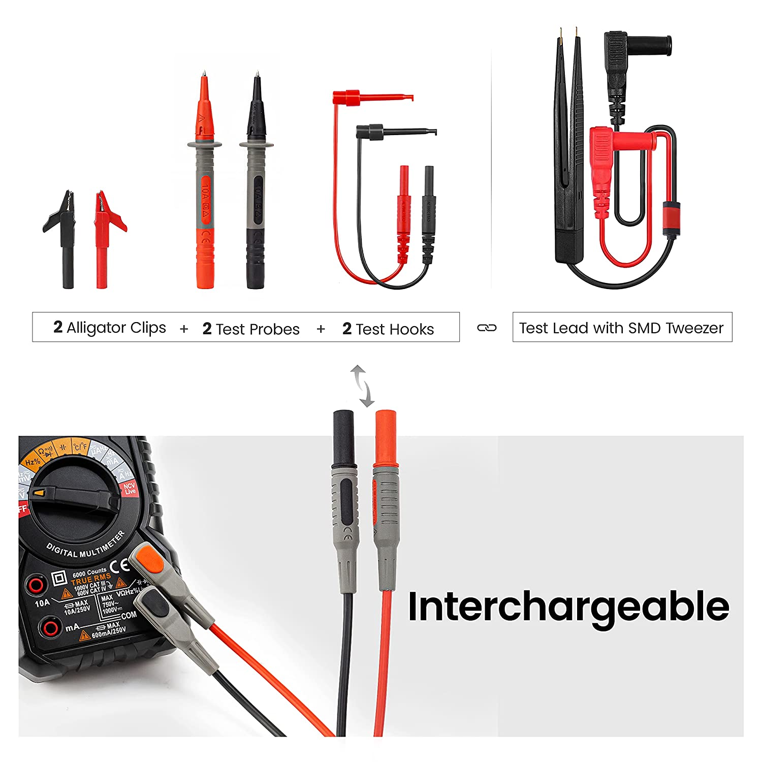 KAIWEETS Soft Silicone Electrician Test Leads Kit CAT III 1000V & CAT IV 600V with Alligator Clips and Needle Probe for Fluke/AstroAI/INNOVA Multimeter Electronic Clamp Meter 8PCS - SuperSaverAU - view 4