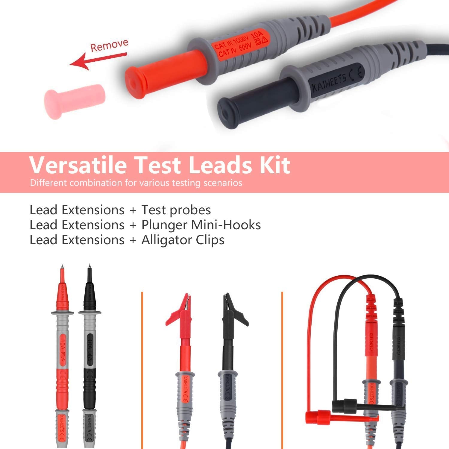 KAIWEETS Soft Silicone Electrician Test Leads Kit CAT III 1000V & CAT IV 600V with Alligator Clips and Needle Probe for Fluke/AstroAI/INNOVA Multimeter Electronic Clamp Meter 8PCS - SuperSaverAU - view 12