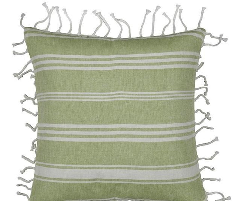 Fresh Green & White Striped Cushion Cover 40cm x 40cm with Knotted Tassels - SuperSaverAU - view 1