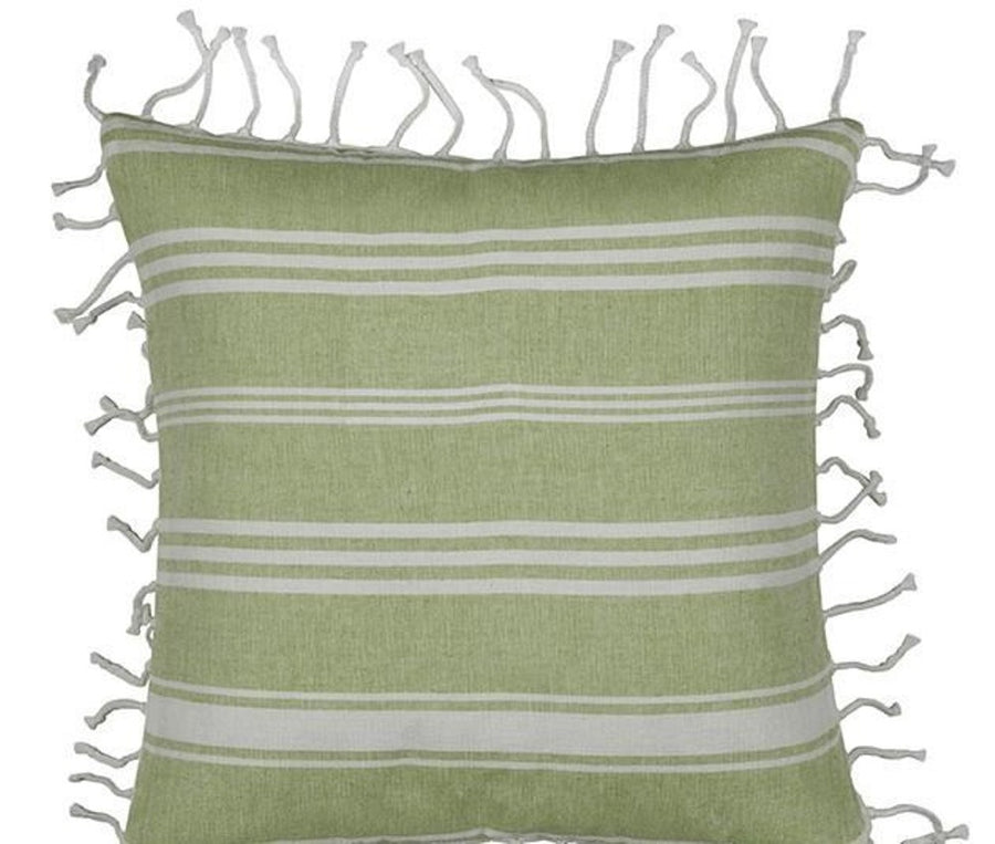 Fresh Green & White Striped Cushion Cover 40cm x 40cm with Knotted Tassels - SuperSaverAU - view 1