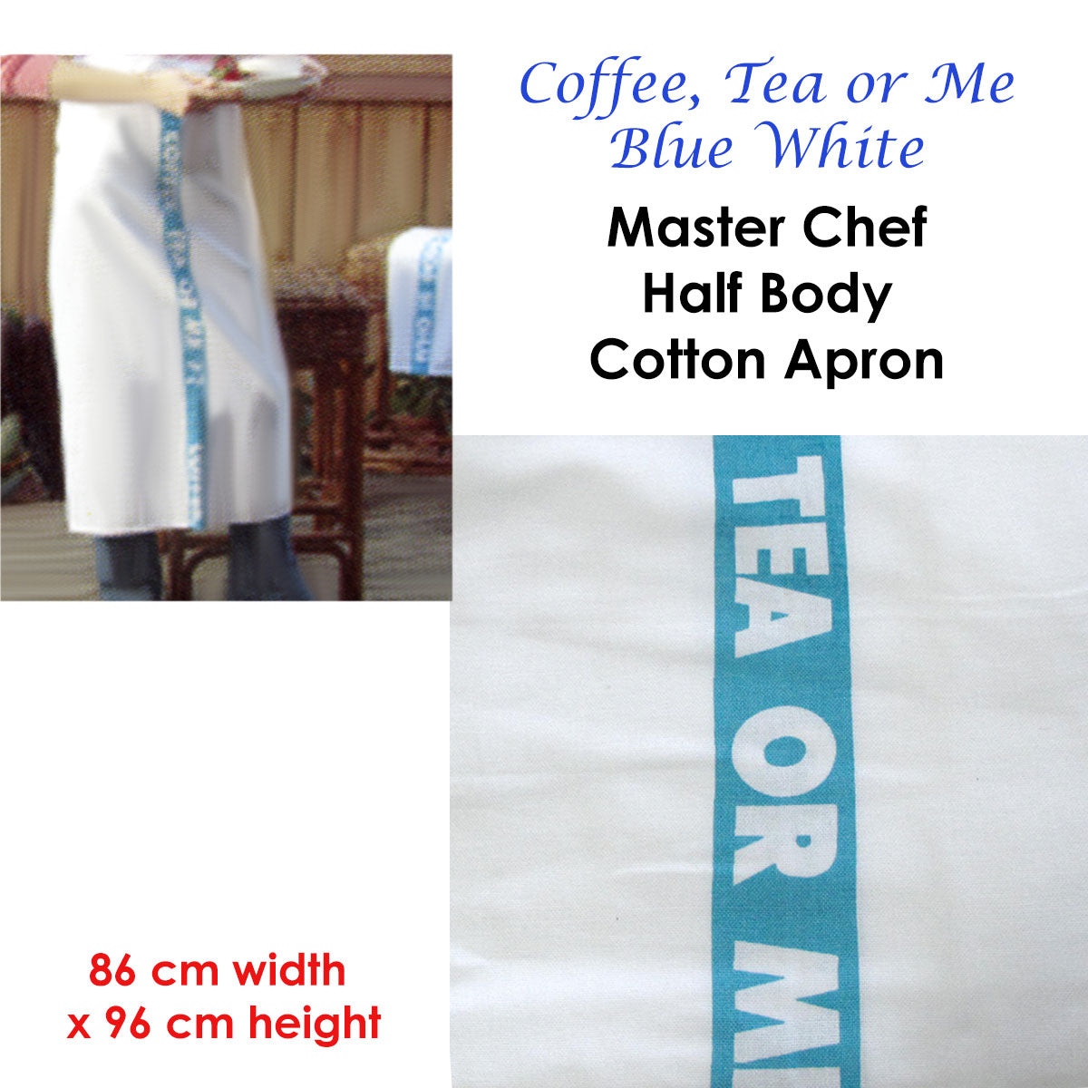 Coffee, Tea or Me Blue White Half Cotton Apron 86 x 96 cm - Stylish Design - SuperSaverAU - view 2