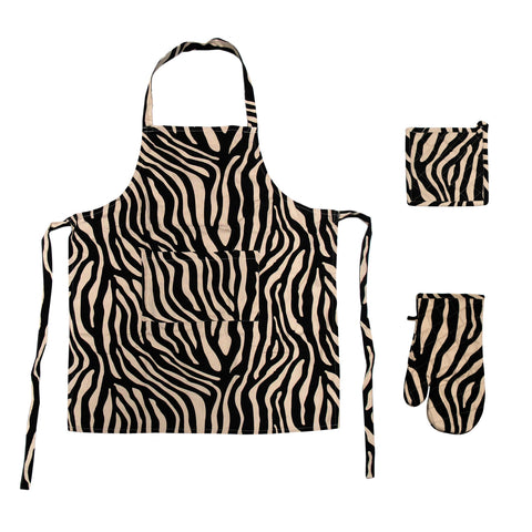 Zebra Stripes Print Cotton Kitchen Set - 3 Pieces Apron, Glove, Pot Holder - SuperSaverAU - view 1