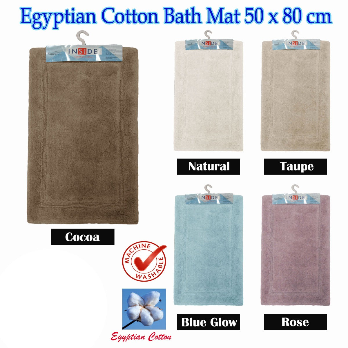 Egyptian Cotton Bath Mat 50x80 cm - Ultra Absorbent, Machine Washable, Natural