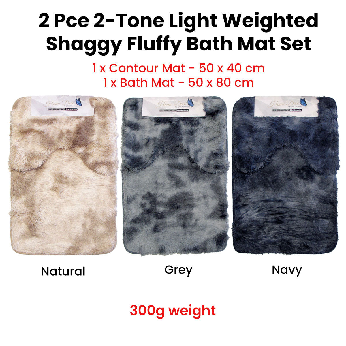 2 Pce 2-Toned Extra Light Weighted Shaggy Fluffy Bath Mat Set 50x40cm & 50x80cm Grey