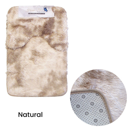 2 Pce 2-Toned Extra Light Weighted Shaggy Fluffy Bath Mat Set 50x80cm Natural