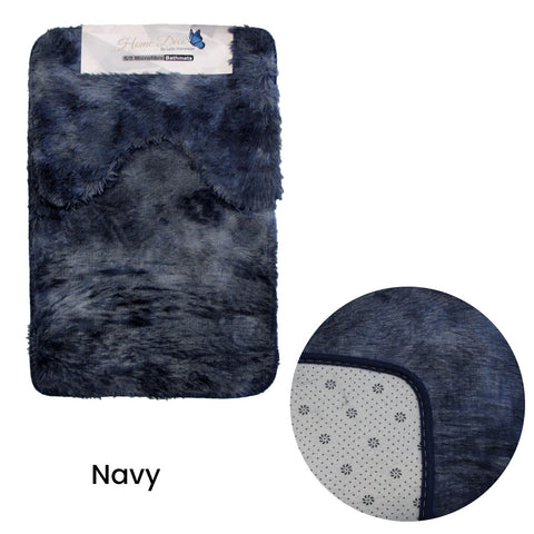 2 Pce 2-Toned Extra Light Weighted Shaggy Fluffy Bath Mat Set 50x40cm & 50x80cm Navy - SuperSaverAU - view 1