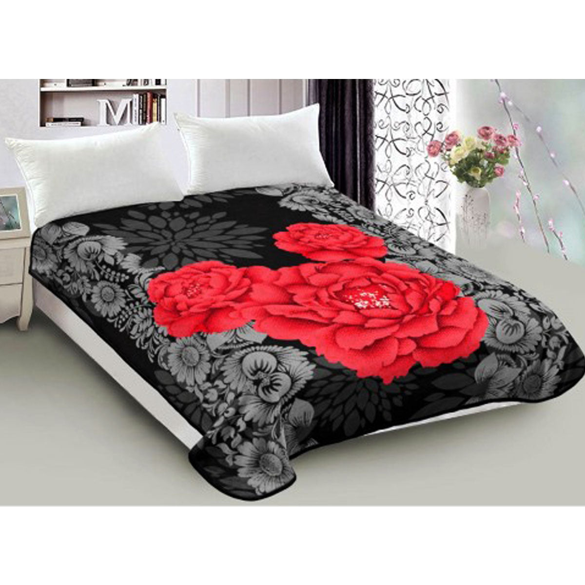 800GSM Luxury Reversible Mink Blanket Red Floral Queen 200 x 240 cm - SuperSaverAU - view 1